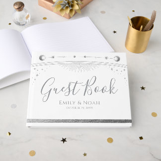 Livro De Visitas Celestial White Silver Sun Moon Stars Wedding 
