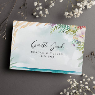 Livro De Visitas Cena de Praia em Aquarela Floral para Casamento de