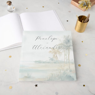 Livro De Visitas Cena Romântica de Praia em Aquarela Azul