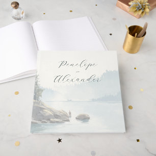 Livro De Visitas Cena Serena do Lago em Aquarela Azul