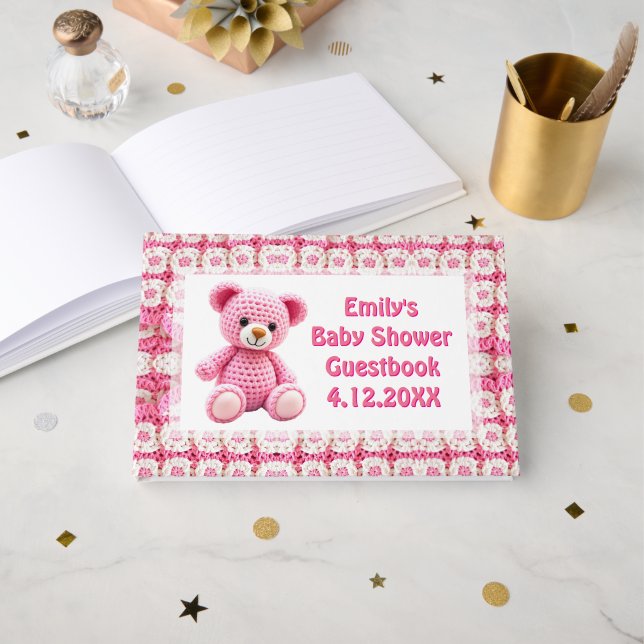 Livro De Visitas Chá de Bebê de Menina com Ursinho de Crochê (Frente aberta)