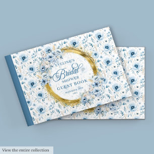 Livro De Visitas Chá de Bebê Nupcial Floral Azul Água Dourado