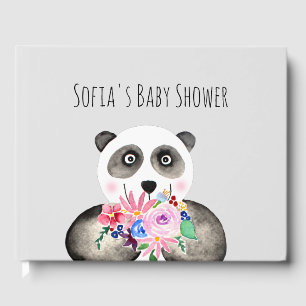Livro De Visitas Chá de Bebê Urso Panda e Flores em Aquarela Fofa