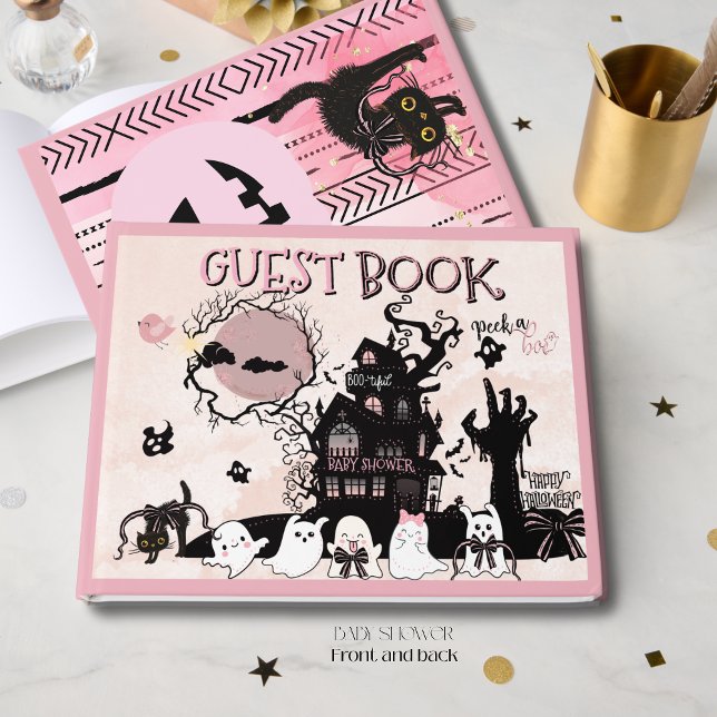 Livro De Visitas Chá de fraldas de Dia das Bruxas preto rosa (Pink Black Peek a Boo Halloween Baby Shower Guest Book)