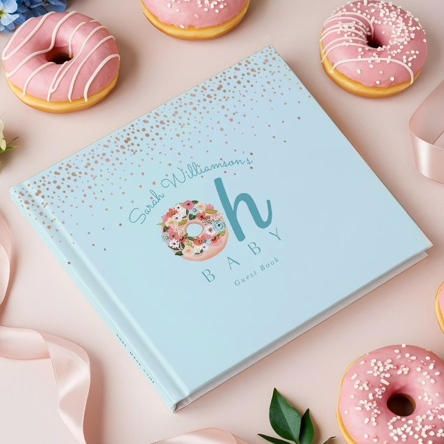 Livro De Visitas Chá de fraldas de Rosquinha Botânica Azul-Bebê (Oh Baby Blue Floral Botanical Donut Baby Shower Guest Book)