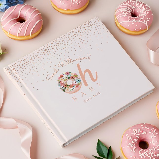 Livro De Visitas Chá de fraldas de Rosquinha Botânica Rosa-Rosa-Beb (Oh Baby Pink Floral Botanical Donut Baby Shower Guest Book)