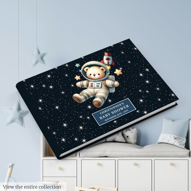 Livro De Visitas Chá de fraldas do Astronauta do Urso de Teddy com  (Custom Name Teddy Bear Astronaut Boy Baby Shower Guest Book)