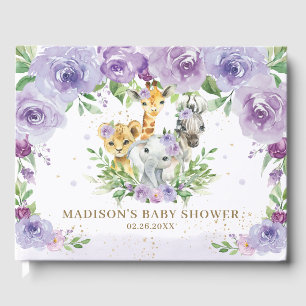 Livro De Visitas Chá de fraldas Floral Roxo-Chic Animal da Selva