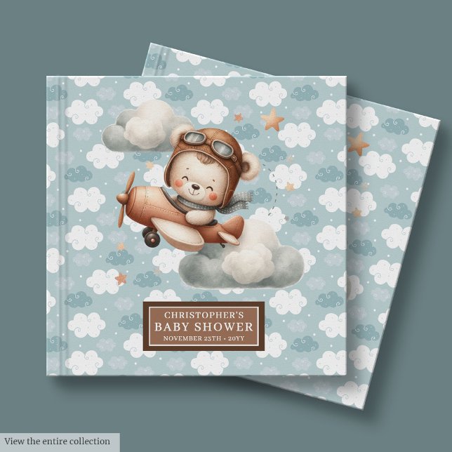 Livro De Visitas Chá de fraldas-piloto do Urso de Teddy-Cute Azul (Cute Teddy Bear Pilot Baby Shower Guest Book Blue)