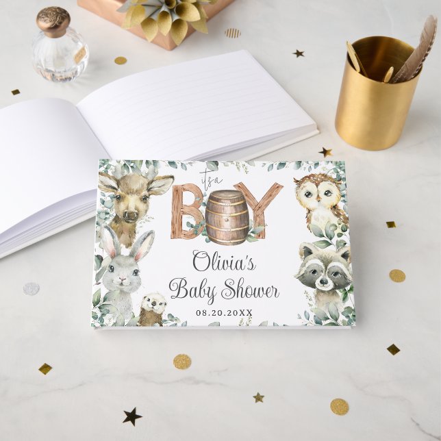 Livro De Visitas Chá de fraldas Rustic Woodland Animal Greenery Boy (Frente aberta)