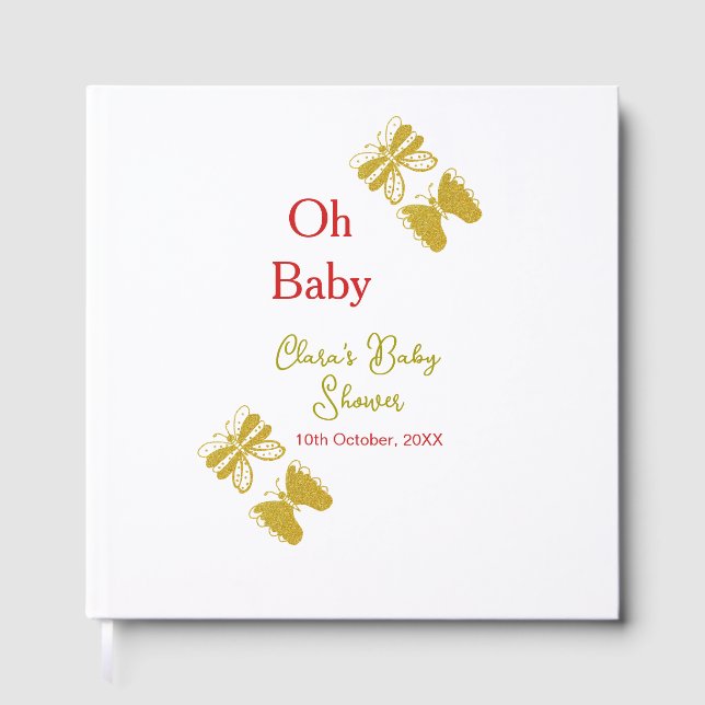 Livro De Visitas chá de fraldas vermelho da borboleta ouro oh bebê  (Frente)