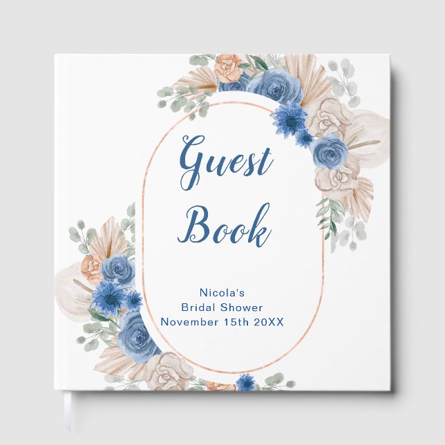Livro De Visitas Chá de Noiva Azul Boho com Grama de Pampas (Frente)