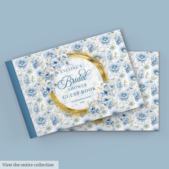 Livro De Visitas Chá de Noiva Floral Azul Claro Dourado Boho Atempo (Timeless Boho Pale Blue Gold Floral Bridal Shower Guest Book)