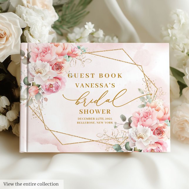 Livro De Visitas Chá de Noiva Floral Moderno Boho Rosa Dourado (Modern Boho Blush Pink Gold Floral Bridal Shower Guest Book)