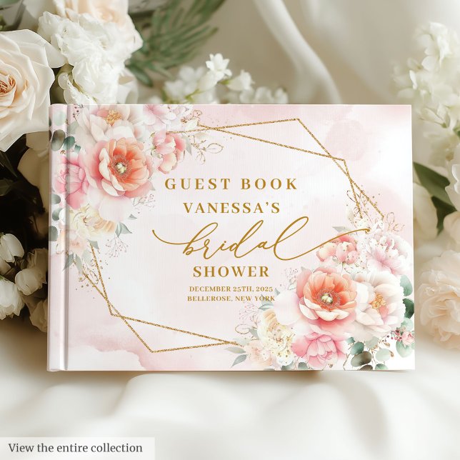 Livro De Visitas Chá de Noiva Romântico Boho com Brilho Dourado Ros (Romantic Boho Blush Gold Glitter Bridal Shower Guest Book)