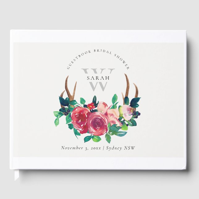 Livro De Visitas Chá de Noiva Rústico Boho Vermelho Floral Galhada (Frente)