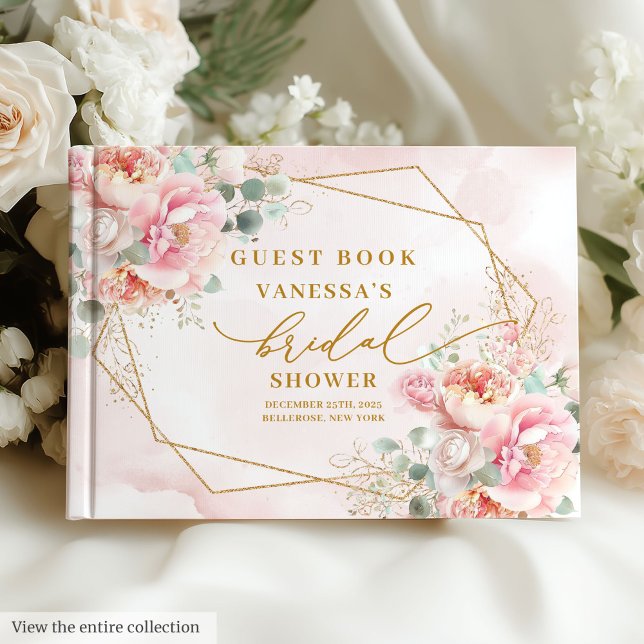 Livro De Visitas Chá de panela brilhante Dourado Rosa-Rosa-Blush-Bo (Rustic Boho Blush Pink Gold Glitter Bridal Shower Guest Book)
