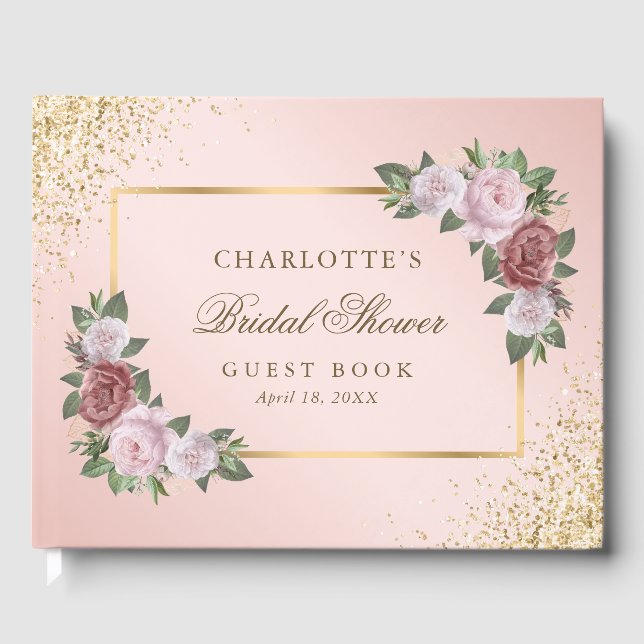Livro De Visitas Chá de panela Dourado Pink Blush Floral Elegante (Frente)