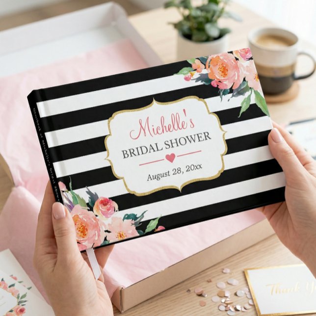 Livro De Visitas Chá de panela Floral Preto Branco Botânico (Criador carregado)