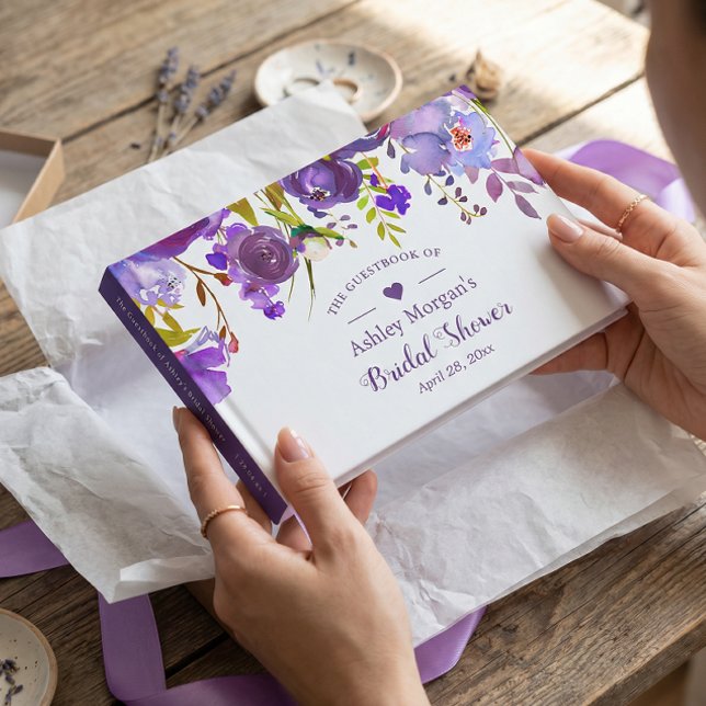 Livro De Visitas Chá de panela Floral Violeta de Aquarela Puro (Criador carregado)