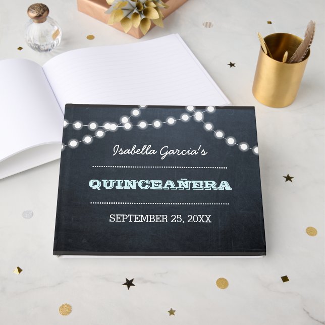Livro De Visitas Chalkboard Lights Aqua Quinceañera Guest Book (Frente aberta)