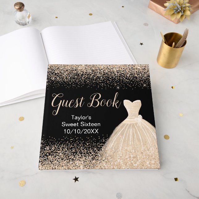 Livro De Visitas Champagne Dress Faux Glitter Sweet 16 Birthday (Frente aberta)