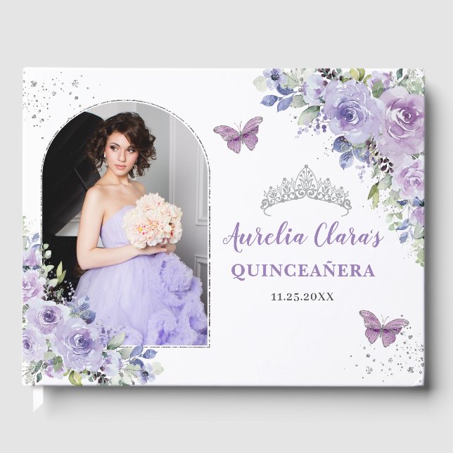 Livro De Visitas Champagne Floral Butterflies Quinceañera Foto (Frente)