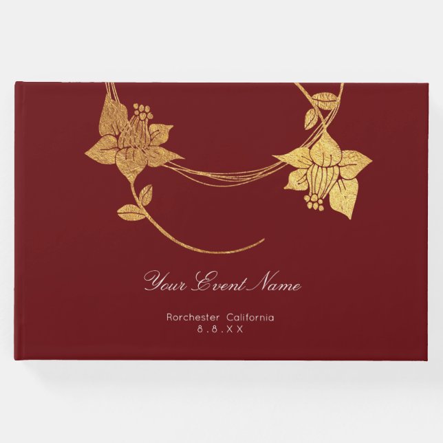 Livro De Visitas Champanha Floral Dourada Maroon Vermelho (Frente)