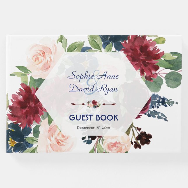 Livro De Visitas Charm Burgundy Floral Hexagon Casamento (Frente)