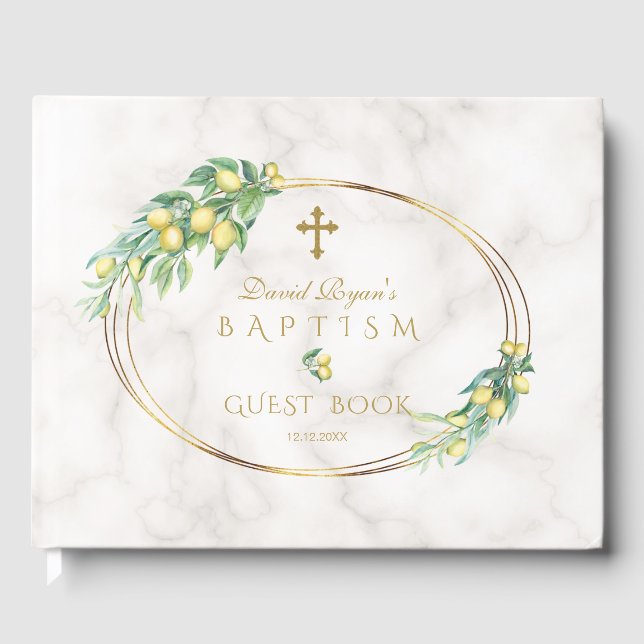 Livro De Visitas Charm Lemon Fruta Marble Dourado Cross Boy Baptism (Frente)