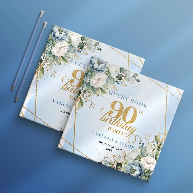 Livro De Visitas Charming Pastel Blue Gold 90th Birthday Sign In (Charming Pastel Blue Gold 90th Birthday Sign In)