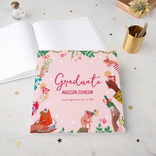 Livro De Visitas Cheers to the Grad Cute Doodle Graduation Party  (Frente aberta)