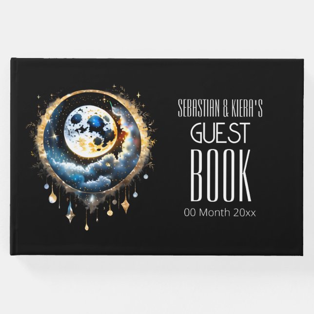 Livro De Visitas Cheio lua celestial dourado negro azul luna chic (Frente)