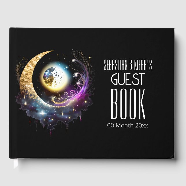 Livro De Visitas Cheio lua celestial magenta negra estrelada noite  (Frente)
