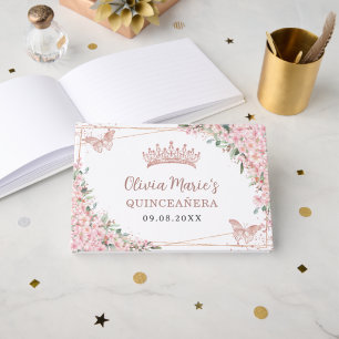 Livro De Visitas Cherry Blossomo Rosa das Borboletas Douradas Quinc