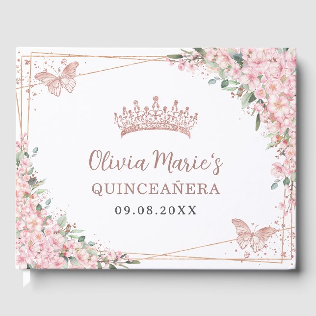 Livro De Visitas Cherry Blossomo Rosa das Borboletas Douradas Quinc (Frente)