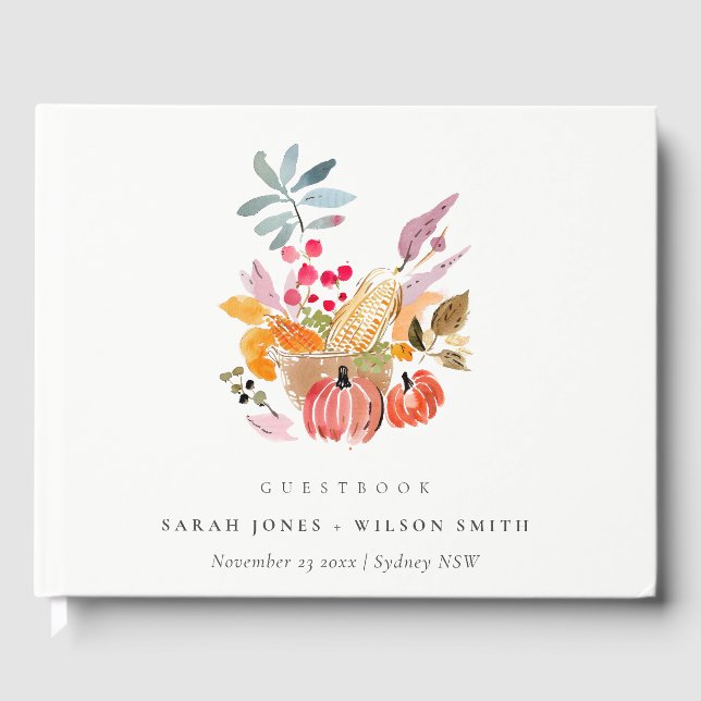 Livro De Visitas Chic Autumn Harvest Pumpkin Watercolor Wedding (Frente)
