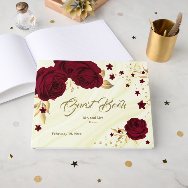 Livro De Visitas chic burgundy ouro floral deixa mármore (Frente aberta)