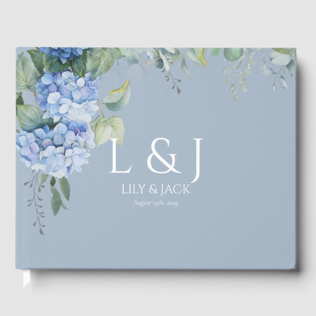 Livro De Visitas Chic Dusty Blue Floral Hydrangea Casamento Guestbo (Frente)