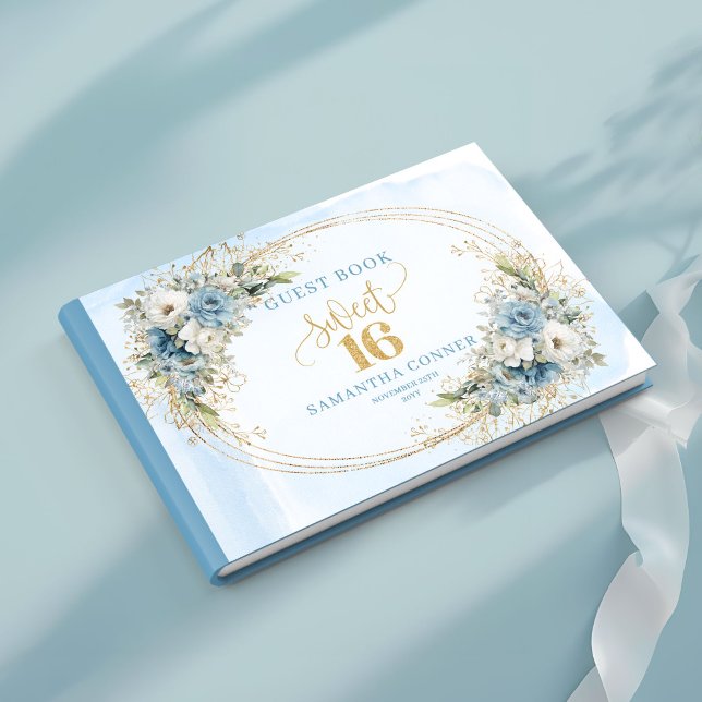 Livro De Visitas Chic Dusty Blue Floral Sweet Sixteen Guest Sign  (Chic Dusty Blue Floral Sweet Sixteen Guest Sign Book)