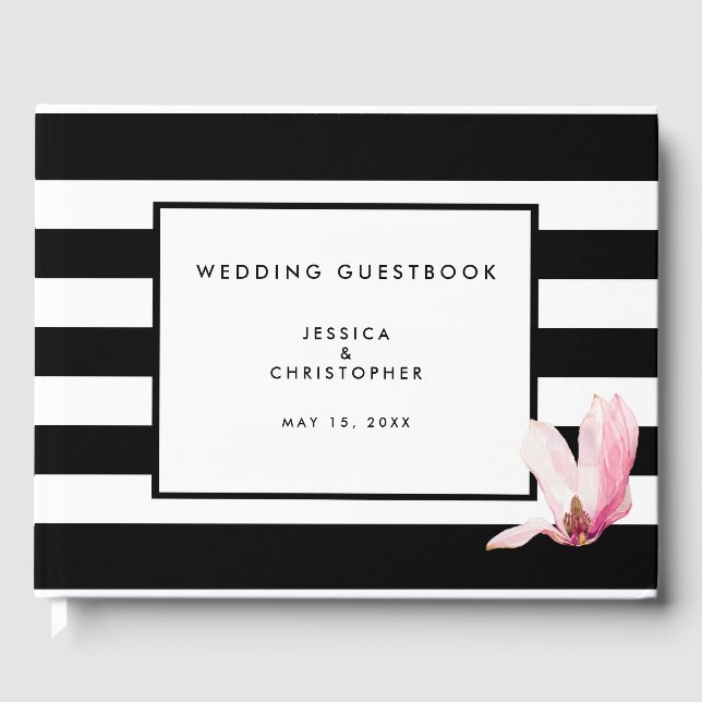 Livro De Visitas Chic Elegante Moderno Black White Stripe Magnolia (Frente)