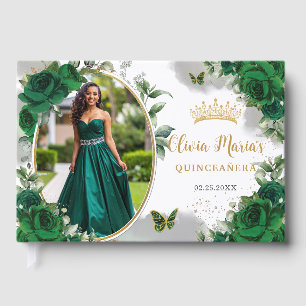 Livro De Visitas Chic Emerald Green Floral Dourada Quinceanera Foto