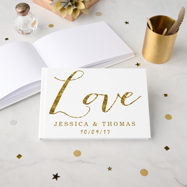 Livro De Visitas Chic Faux Gold Foil Amor Casamento Personalizado (Frente aberta)