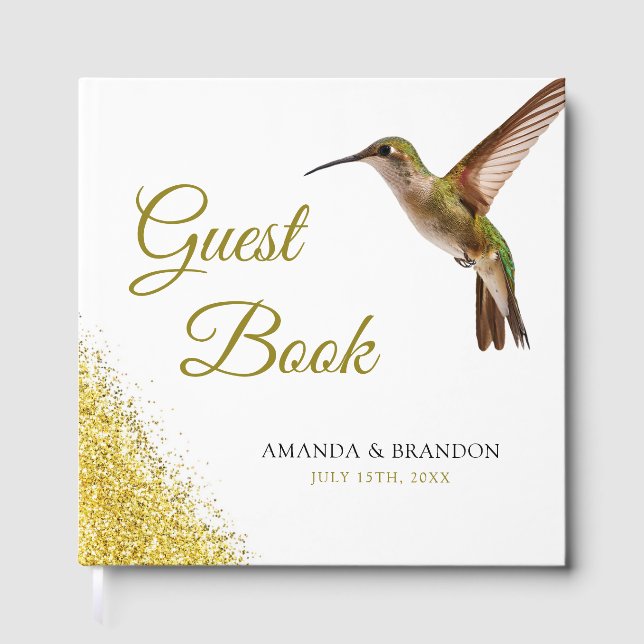 Livro De Visitas Chic Green Hummingbird e Dourado Casamento de Poei (Frente)