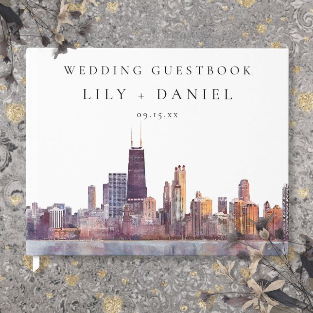 Livro De Visitas Chicago Skyline Watercolor Wedding (Chicago Skyline Watercolor Wedding Guest Book)