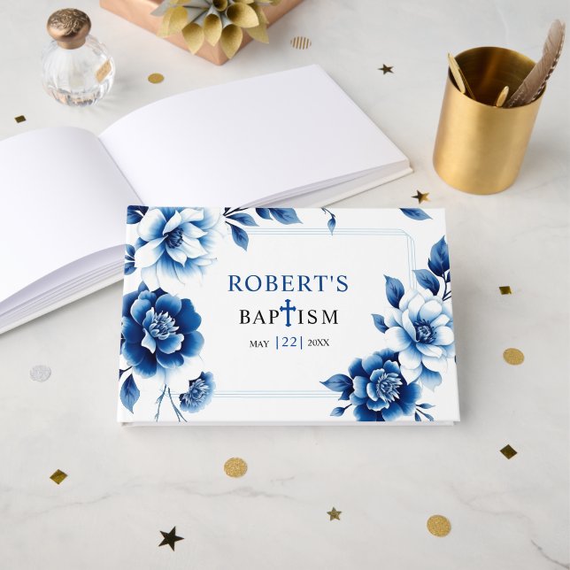 Livro De Visitas Chinoiserie floral azul e batismo de fronteira tri (Frente aberta)