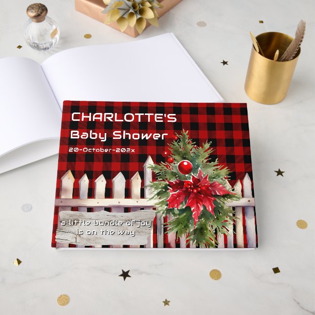 Livro De Visitas Christmas Fence Buffalo Plaid Baby Shower (Frente aberta)