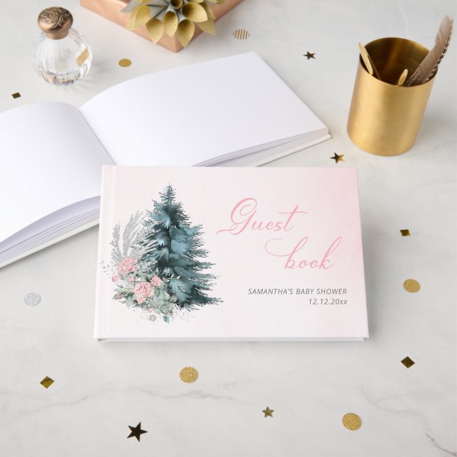Livro De Visitas Christmas tree Frosty pink rose Baby shower (Frente aberta)