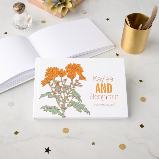 Livro De Visitas Chrysanthemum orange fall flower wedding  (Frente aberta)