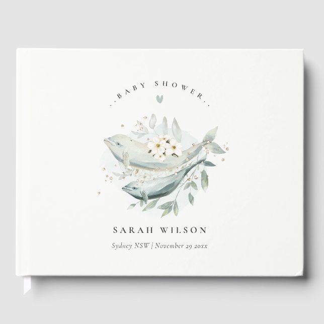 Livro De Visitas Chuva de Bebê Elegante em Ouro com Peixes e Flores (Frente)